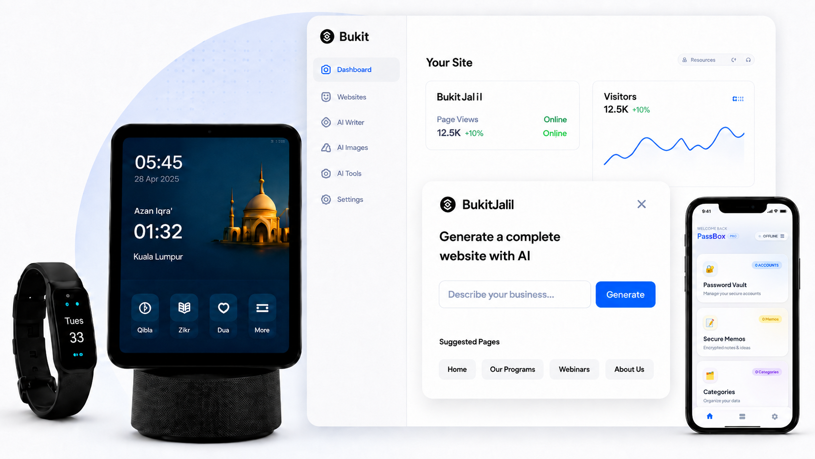 ALi365 software dashboard, Azan smart screen, Tasbih band, and mobile app